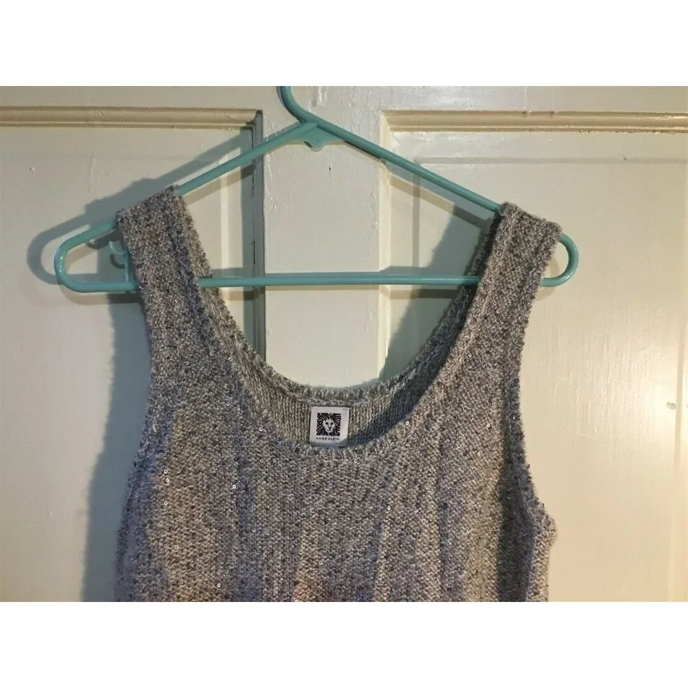 ANNE KLEIN Tan Gray Metallic Scoop Neck Sleeveless Top Sweater Sz L